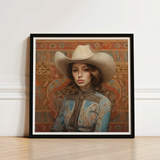 Framed Portrait Woman Beige Cowboy Hat Patterned Blouse Modern Frontier Maverick, Arabic Lesbian Cowgirl, Striking