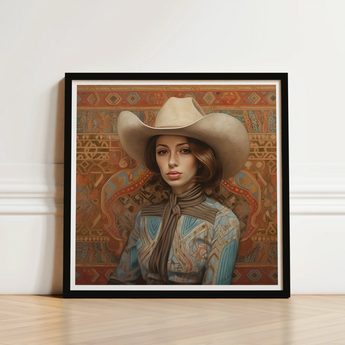 Framed Portrait Woman Beige Cowboy Hat Patterned Blouse Modern Frontier Maverick, Arabic Lesbian Cowgirl, Striking