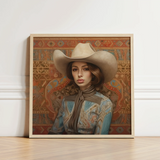 Framed Portrait Woman Beige Cowboy Hat Blue Patterned Modern Frontier Maverick, Arabic Lesbian Cowgirl, Striking