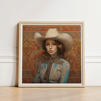 Framed Portrait Woman Beige Cowboy Hat Patterned Blouse Modern Frontier Maverick, Arabic Lesbian Cowgirl, Striking