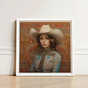 Framed Portrait Woman Beige Cowboy Hat Patterned Blouse Modern Frontier Maverick, Arabic Lesbian Cowgirl, Striking