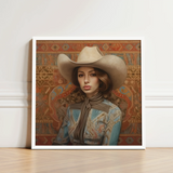 Framed Portrait Woman Beige Cowboy Hat Patterned Blue Modern Frontier Maverick, Arabic Lesbian Cowgirl, Striking