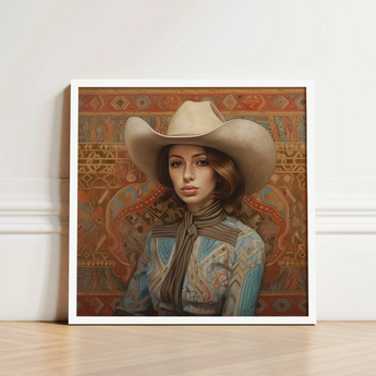 Framed Portrait Woman Beige Cowboy Hat Patterned Blue Modern Frontier Maverick, Arabic Lesbian Cowgirl, Striking