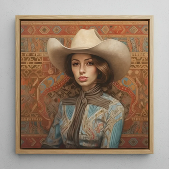 Anahita - Arabic Lesbian Cowgirl Art Print / Canvas Framed Oil Painting Woman Cream-colored Cowboy Hat Patterned Modern Frontier Maverick,