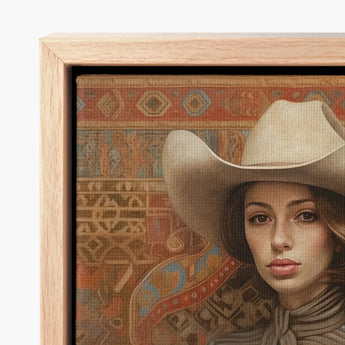 Framed Canvas Print Woman Beige Cowboy Hat Ornate Modern Frontier Maverick, Arabic Lesbian Cowgirl, Striking Portrait