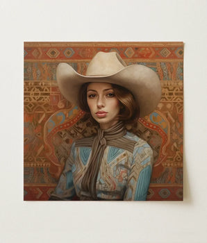 Square Canvas Painting Woman Cream-colored Cowboy Hat Patterned Modern Frontier Maverick, Arabic Lesbian Cowgirl, Striking Portrait