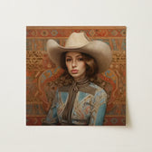 Square Canvas Painting Woman Cream-colored Cowboy Hat Patterned Modern Frontier Maverick, Arabic Lesbian Cowgirl, Striking Portrait