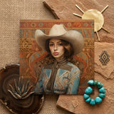 Anahita - Arabic Lesbian Cowgirl Art Print / Canvas Square Woman Beige Cowboy Hat Blue Modern Frontier Maverick, Striking Portrait Prints