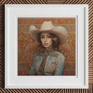 Anahita - Arabic Lesbian Cowgirl Art Print, Framed Artwork Western-style Portrait White Cowboy Hat Blue