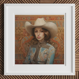Anahita - Arabic Lesbian Cowgirl Art Print, Framed Artwork Western-style Portrait White Cowboy Hat Blue