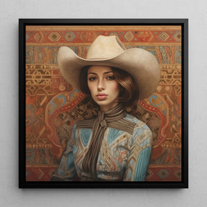 Anahita - Persian Lesbian Cowgirl Framed Canvas, 12x12’’ / 31x31cm / Black Floating Frame, Portrait Woman White Cowboy Hat Western-style