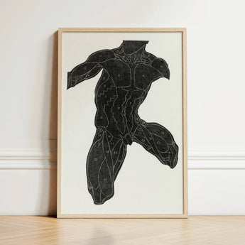 Framed Anatomical Illustration Muscular Male Torso Detailed Numbered Reijer Stolk, Study, Man’s Muscles, Strips, Jet-black Silhouette,