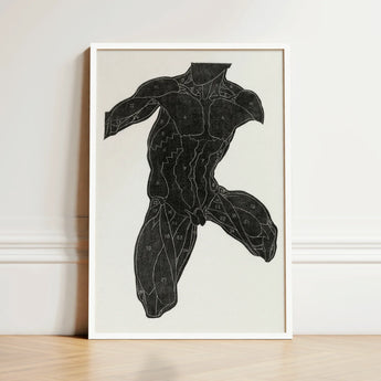 Framed Anatomical Illustration Muscular Male Torso Rendered Black Reijer Stolk, Study, Man’s Muscles, Strips, Jet-black Silhouette, Applied