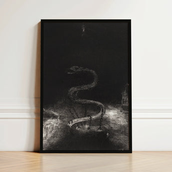 Black-framed Artwork Detailed Monochromatic Sketch Serpentine Figure Textured Serpent Lies Coiled, Odilon Redon Art Print, Pallid Radiance