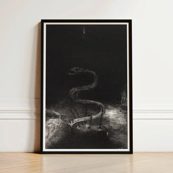 Black-framed Artwork Detailed Monochromatic Sketch Serpentine Figure Motion Serpent Lies Coiled, Odilon Redon Art Print, Pallid Radiance