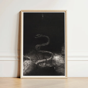 Minimalist Black-and-white Framed Artwork Serpentine Figure Abstract Textured Serpent Lies Coiled, Odilon Redon Art Print, Pallid Radiance