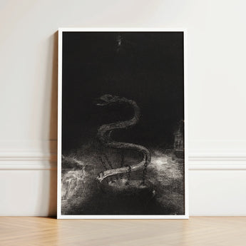 Black White Framed Artwork Serpentine Figure Rendered Detailed Serpent Lies Coiled, Odilon Redon Art Print, Pallid Radiance