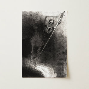 A vertical art print featuring a monochrome sketch of a skeletal figure holding a sword, displayed against a light beige wall.
