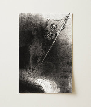 Black-and-white Sketch Print Grim Reaper Horseback Scythe Coffin Odilon Redon Art, Skeletal Rider Materializes, Outline Half-consumed