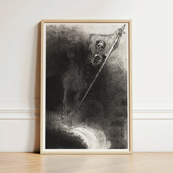 And His Name that Sat on Him was Death - Odilon Redon Art Print / Canvas Framed Black-and-white Sketch Skeletal Figure Staff Encased Light,
