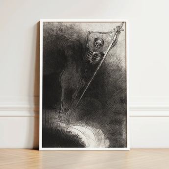 And His Name that Sat on Him was Death - Odilon Redon Art Print / Canvas Black White Framed Artwork Skeletal Figure Scythe Rendered, Rider