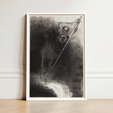 And His Name that Sat on Him was Death - Odilon Redon Art Print / Canvas Framed Black-and-white Sketch Skeletal Figure Long Staff Enclosed,