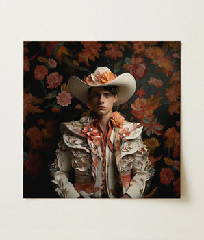 Decorative Canvas Print Young Man Ornate White Cowboy Spanish Vaquero Charm, Hispanic Gay, Art