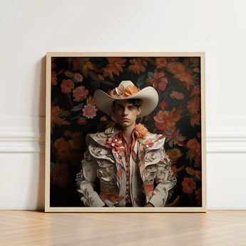 Framed Portrait Man Ornate Cream-colored Bullfighter Outfit Adorned Spanish Vaquero Charm, Hispanic Gay, Cowboy Art