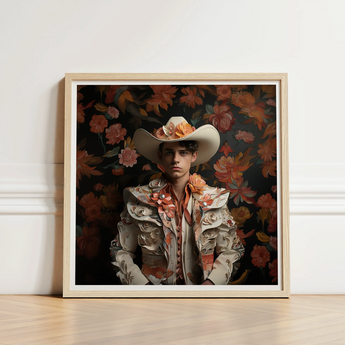 Framed Portrait Man Ornate Cream-colored Bullfighter’s Outfit Adorned Spanish Vaquero Charm, Hispanic Gay, Cowboy Art
