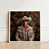 Framed Portrait Man Ornate Cream-colored Bullfighter’s Outfit Adorned Spanish Vaquero Charm, Hispanic Gay, Cowboy Art