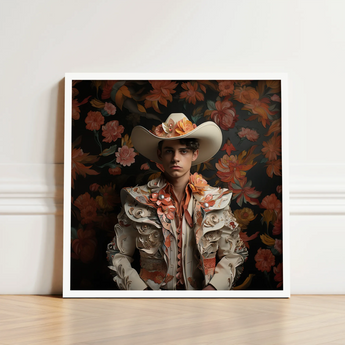 Framed Portrait Man Ornate Cream-colored Bullfighter’s Outfit Adorned Spanish Vaquero Charm, Hispanic Gay, Cowboy Art