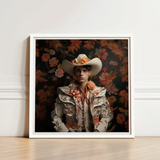 Framed Portrait Man Ornate Cream-colored Cowboy Outfit Adorned Spanish Vaquero Charm, Hispanic Gay, Art
