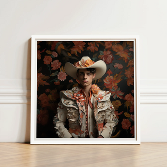 Framed Portrait Man Ornate Cream-colored Cowboy Outfit Adorned Spanish Vaquero Charm, Hispanic Gay, Art