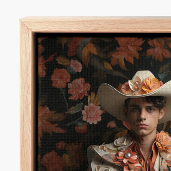 Framed Canvas Print Young Man Ornate Wide-brimmed Cowboy Spanish Vaquero Charm, Hispanic Gay, Art