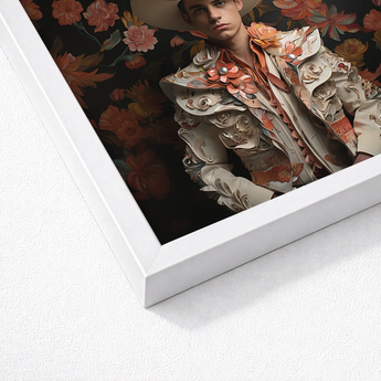 Framed Portrait Man Ornate Cream-colored Attire Adorned Peach Spanish Vaquero Charm, Hispanic Gay, Cowboy Art