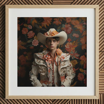 Andrés - Hispanic Gay Vaquero Art Print / Canvas Framed Portrait Man Ornate Cream-colored Bullfighter’s Outfit Adorned Spanish Vaquero