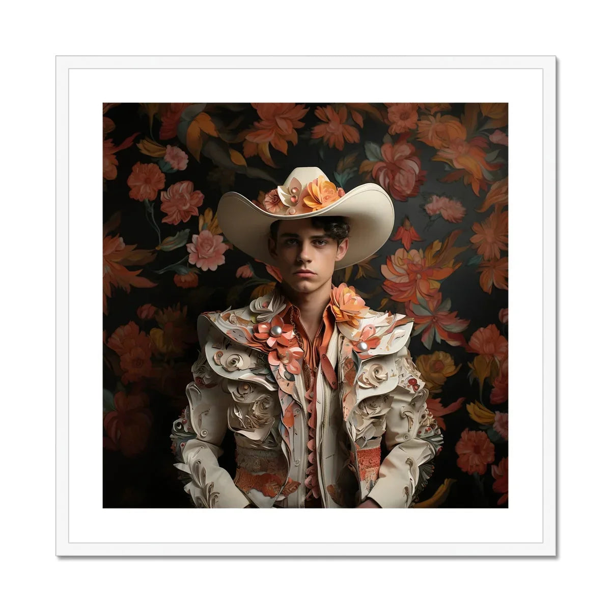 Andrés - Hispanic Gay Vaquero Art Print, Figure Ornate White Western Outfit Cowboy Hat Floral