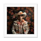 Andrés - Hispanic Gay Vaquero Art Print, Figure Ornate White Western Outfit Cowboy Hat Floral