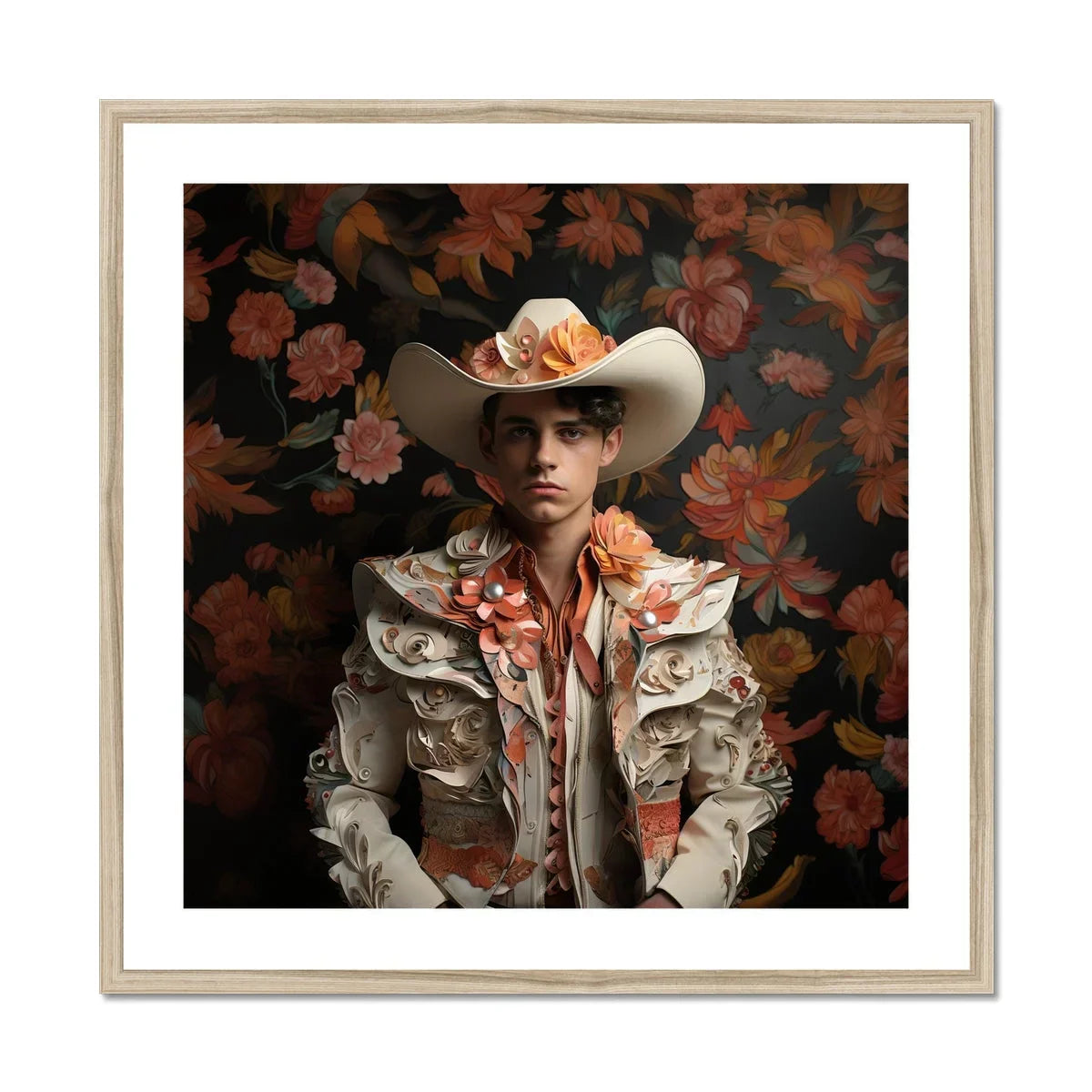 Andrés Hispanic Gay Vaquero Art Print, Framed Portrait Photograph Ornate White Ruffled Western Outfit