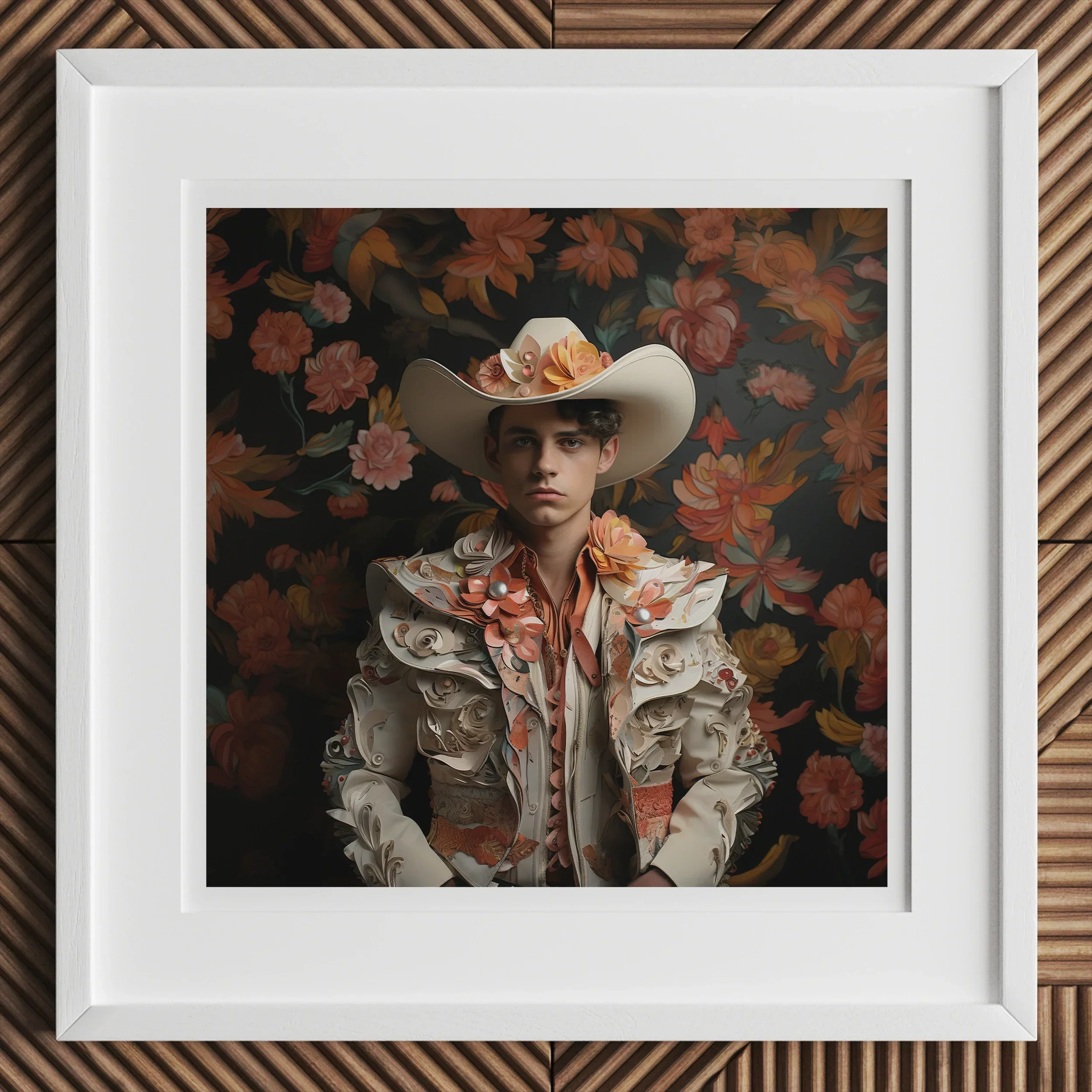 Andrés Hispanic Gay Vaquero Art Print, Framed Portrait Photograph Ornate White Western Style Jacket Cowboy