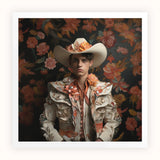 Andrés - Hispanic Gay Vaquero Art Print, White Cowboy Hat Ornate Ruffled Western Outfit Adorned