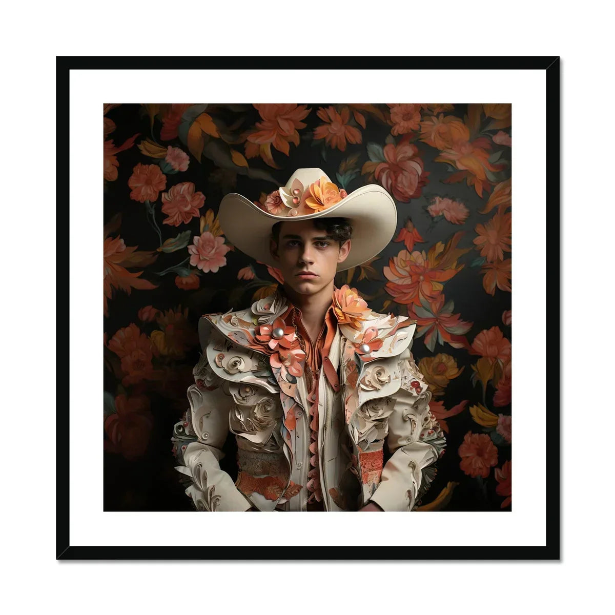 Andrés Hispanic Gay Vaquero Art Print, White Cowboy Hat Ruffled Victorian Style Jacket Floral Accents