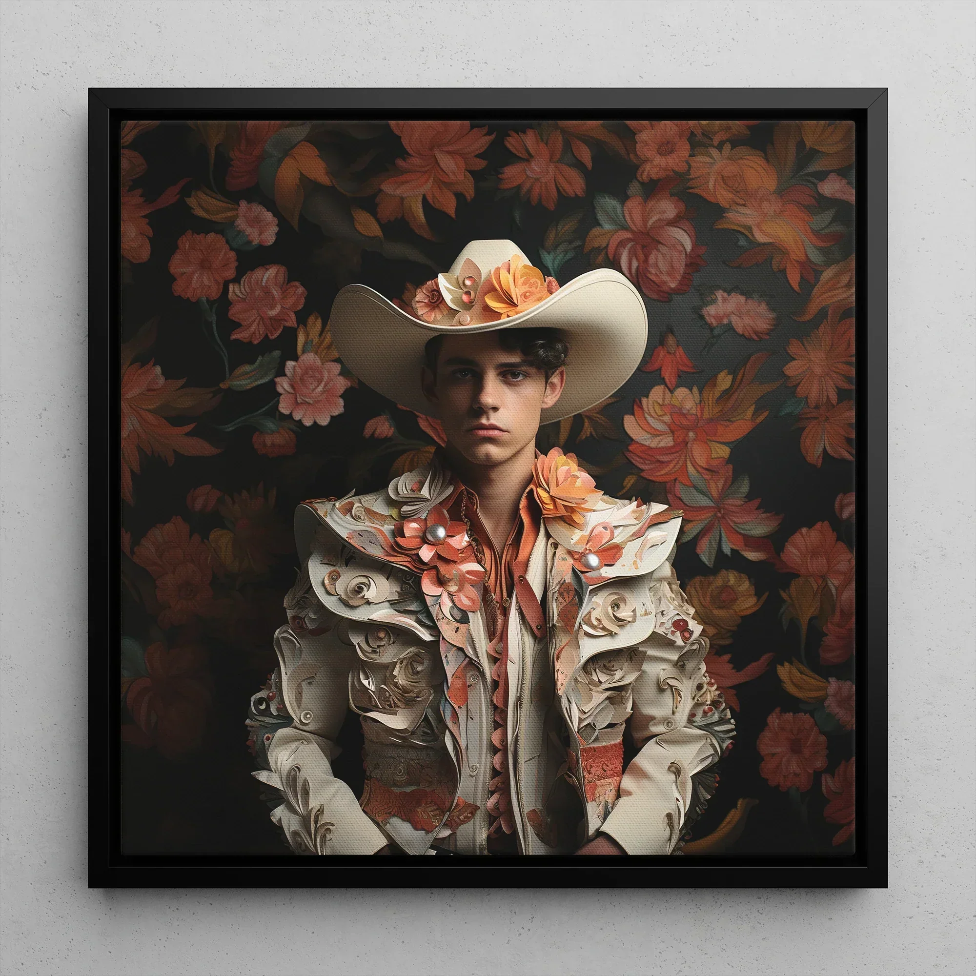 Andrés Hispanic Gay Vaquero Framed Canvas, 12x12’’ / 31x31cm / Black Floating Frame, Floral Cowboy Portrait