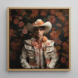 Andrés - Hispanic Gay Vaquero Framed Canvas, 12x12’’ / 31x31cm / Natural Floating Frame, Framed Painting Young Man Floral Cowboy Hat