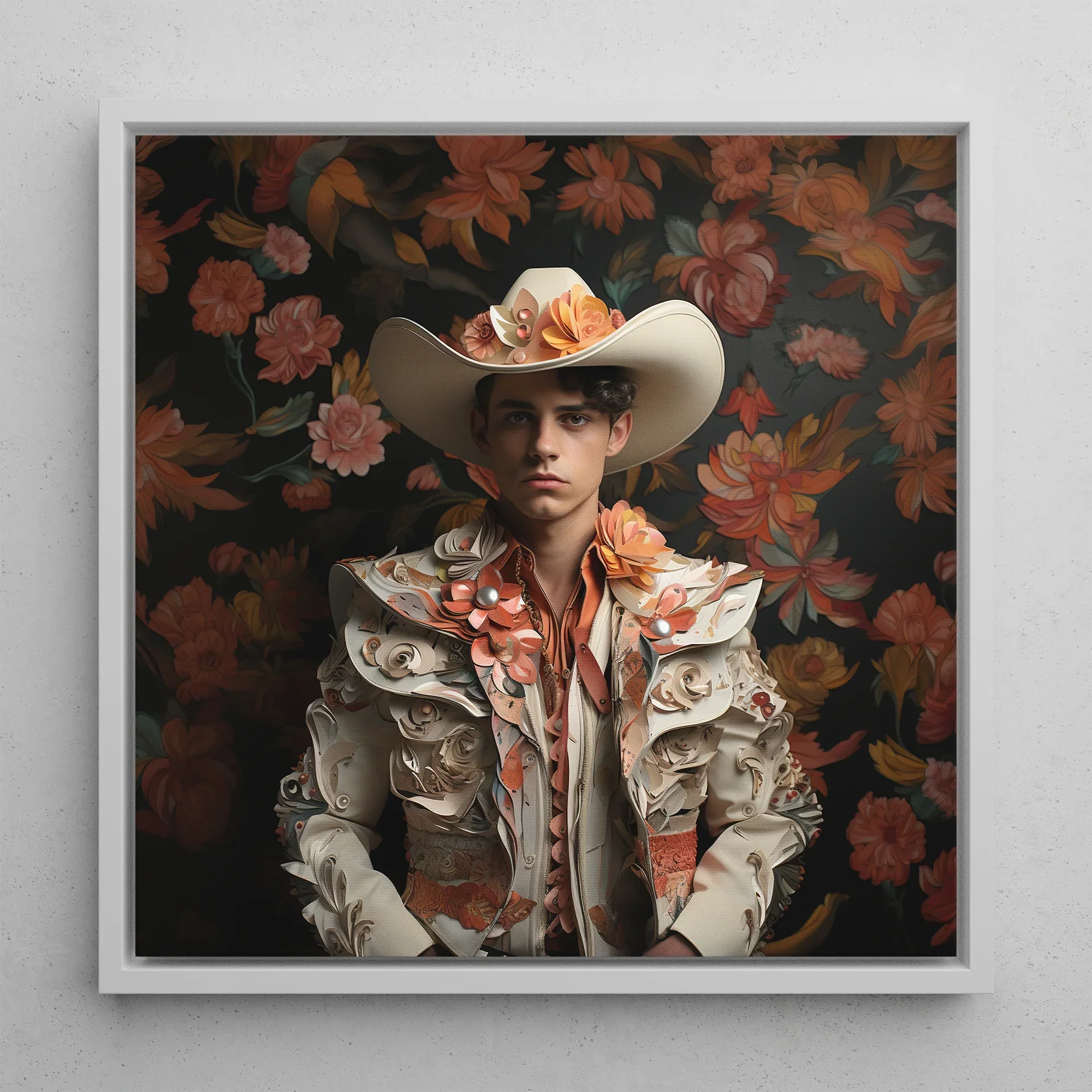 Andrés Hispanic Gay Vaquero Framed Canvas, 12x12’’ / 31x31cm / White Floating Frame, Floral Cowboy Portrait