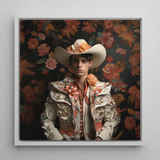 Andrés - Hispanic Gay Vaquero Framed Canvas, 12x12’’ / 31x31cm / White Floating Frame, Floral Cowboy Portrait