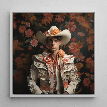 Andrés - Hispanic Gay Vaquero Framed Canvas, 12x12’’ / 31x31cm / White Floating Frame, Floral Cowboy Portrait