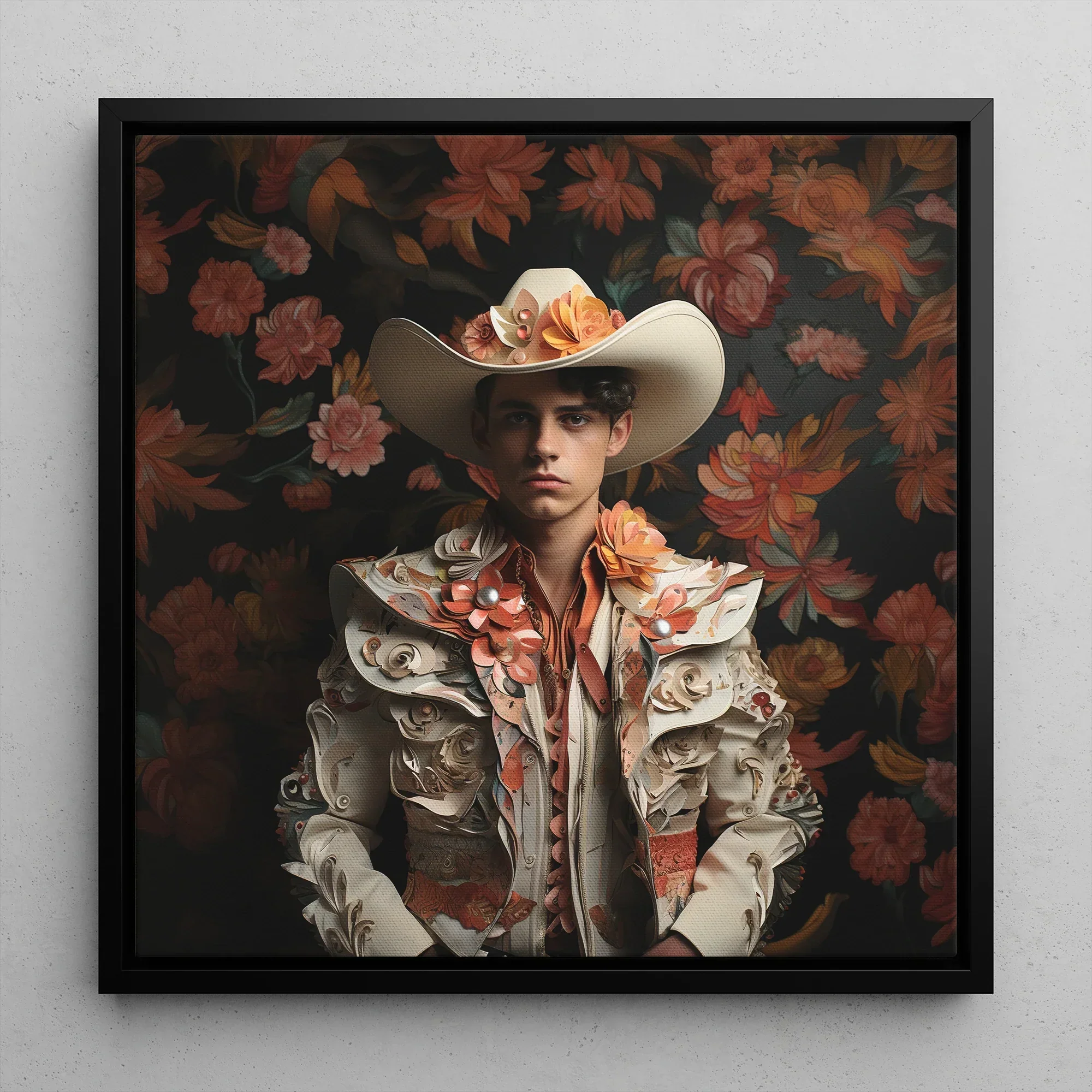 Andrés - Hispanic Gay Vaquero Framed Canvas, 12’’x12’’ / Black Floating Frame, Floral Cowboy Portrait