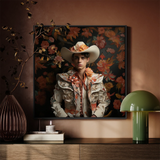 Andrés - Hispanic Gay Vaquero Framed Canvas, Framed Portrait Man Floral Cowboy Outfit