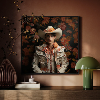 Andrés - Hispanic Gay Vaquero Framed Canvas, Framed Portrait Man Floral Cowboy Outfit